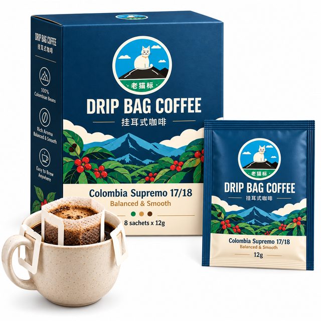 Lao Mao Colombia Supremo drip bag coffee box and sachet with a freshly brewed cup